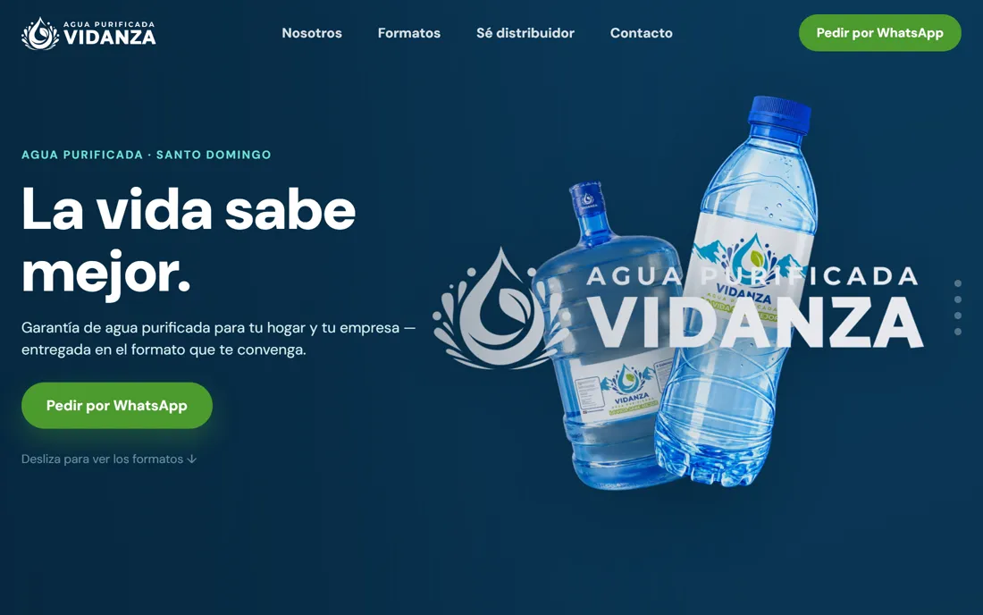 Página de inicio de Agua Vidanza, agua purificada en Santo Domingo.
