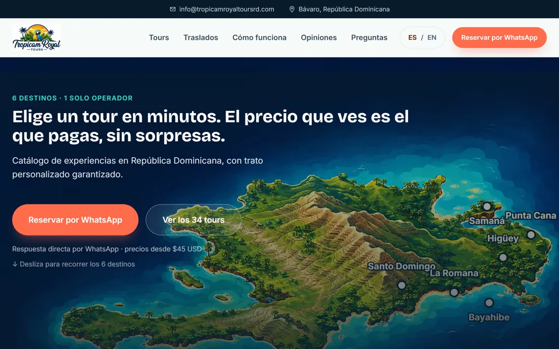 Página de inicio de Tropicam Royal Tours, catálogo de tours en República Dominicana.