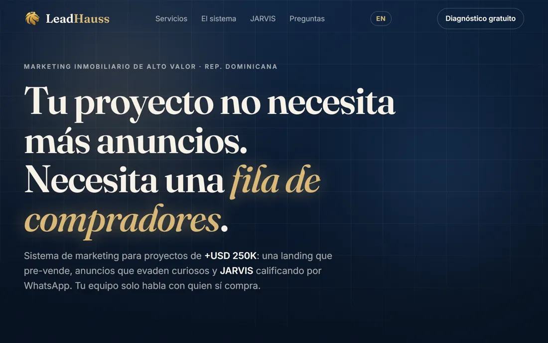 Página de inicio de LeadHauss para el sector inmobiliario.